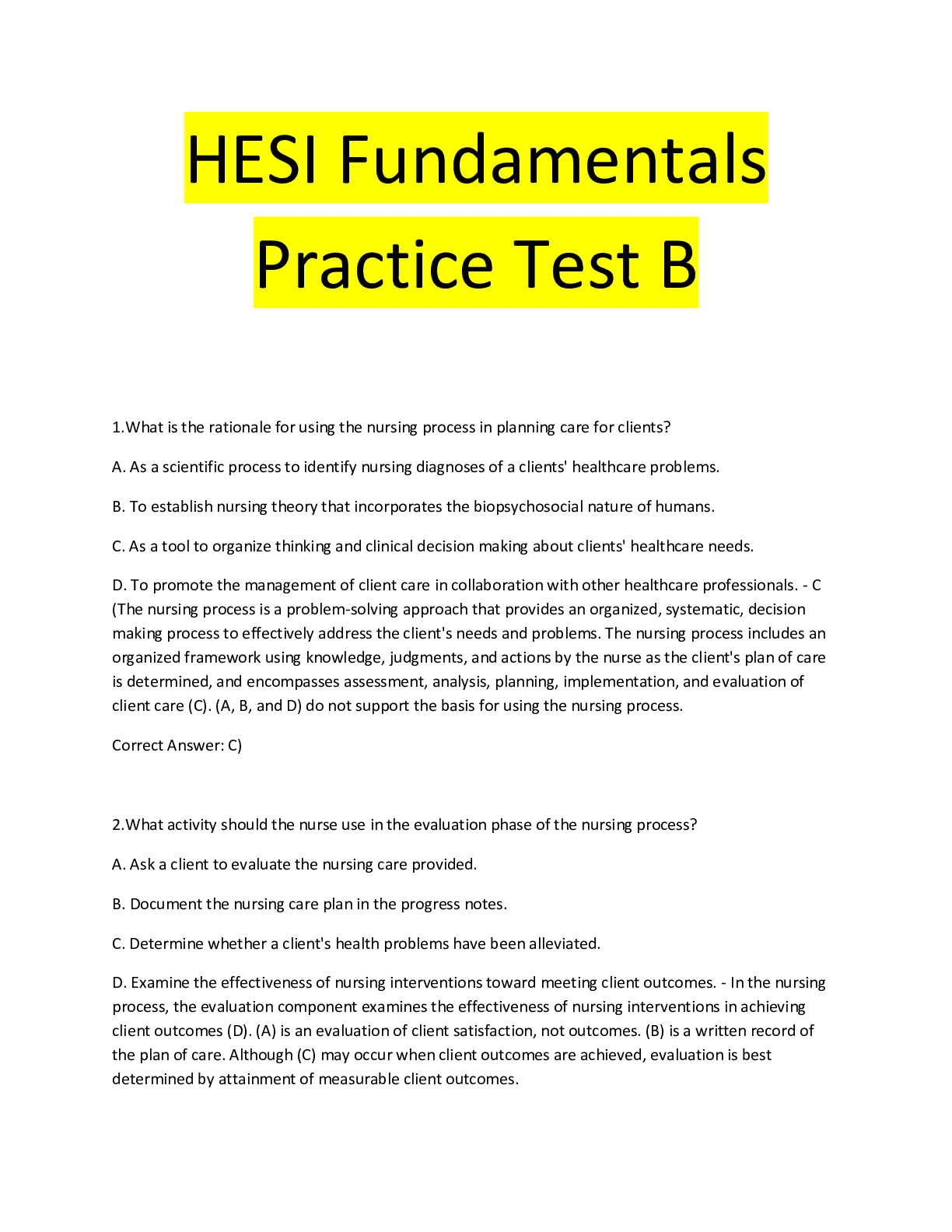 Preview of HESI Fundamentals Practice Test B/ Questions& Answers/Latest 2022